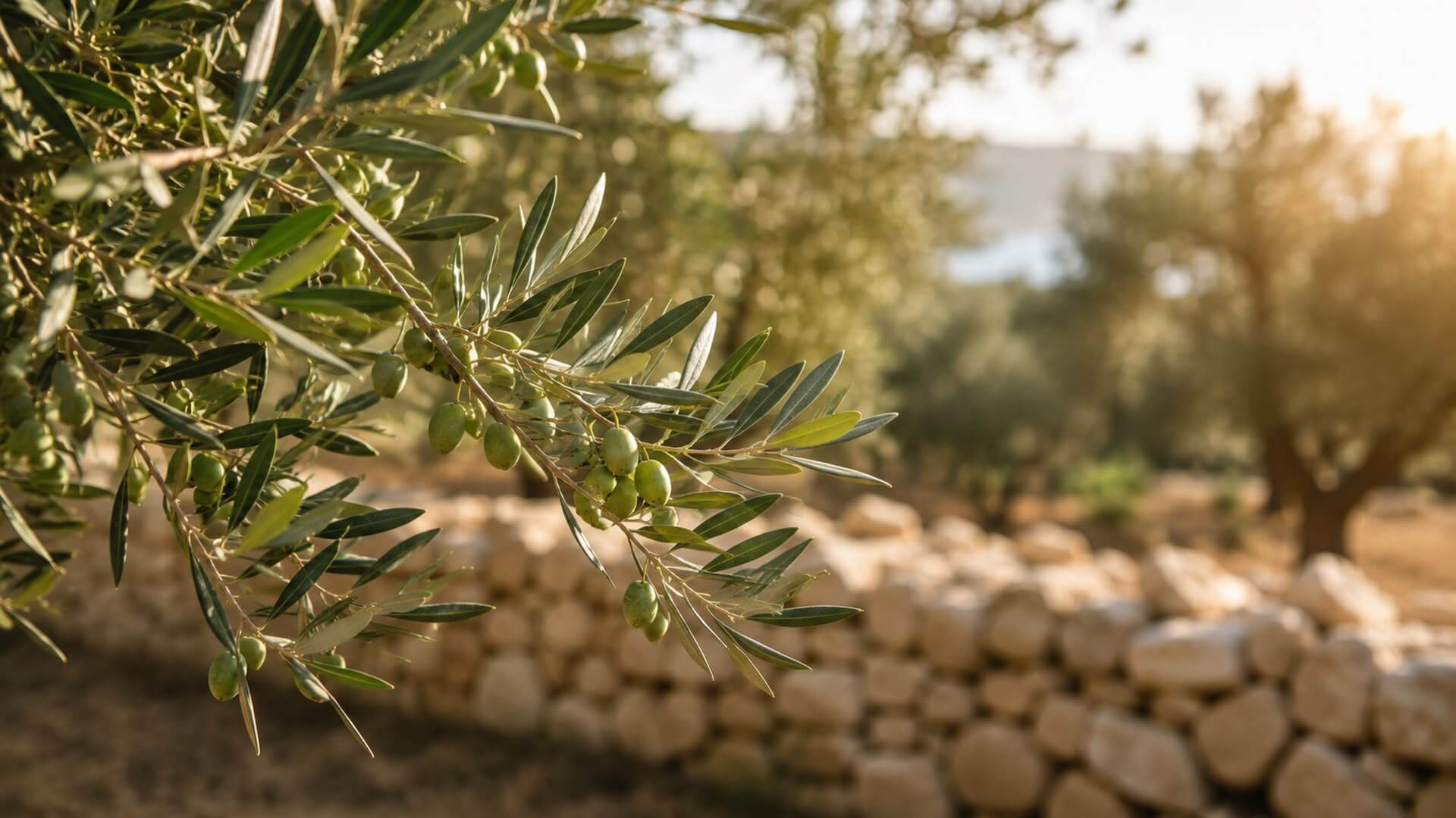 Olive branch and traditional stone wall in Ermionida